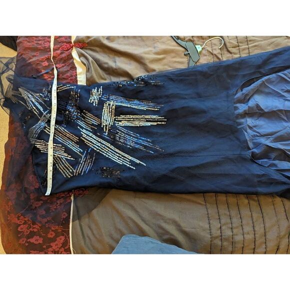 BCBGMAXAZRIA one shoulder blue high-low silk mesh metallic paint dress sz 8 euc - Picture 7 of 7